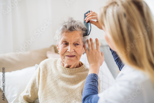 A health visitor combing hair of senior woman at home..