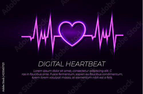Vector Neon Heart Beat Line, Glowing Illustration, Shining Lights, Ultraviolet Color.