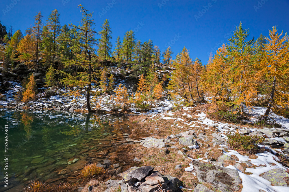 Alpine lake with the first fallen snow of the fall season, in the Swiss Alps. Alpine lake with the first fallen snow of the fall season, in the Swiss Alps.