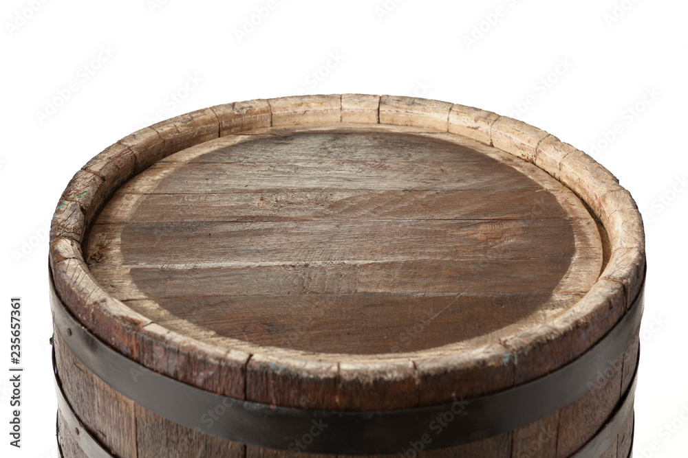 Wooden barrel with iron rings. Isolated on white background. Wooden barrel with iron rings. Isolated on white background.