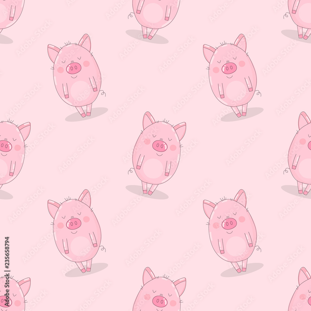 Obraz premium Seamless pattern of hand-drawn cute pigs on an isolated pink background. Vector illustration of piglets for New Year, prints, wrapping paper, cards, children, clothes, decor, farm, food.