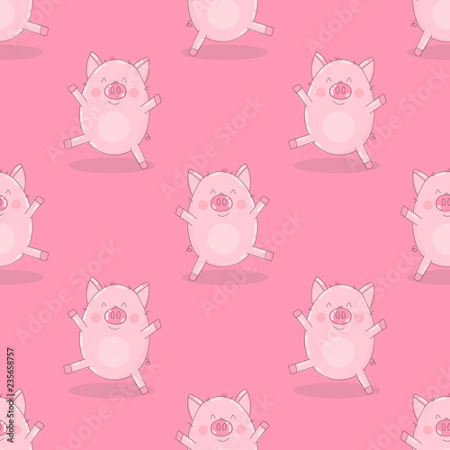 Seamless pattern of hand-drawn dancing pigs on an isolated pink background. Vector illustration of piglets for New Year, prints, wrapping paper, cards, children, clothes, decor, farm, food.