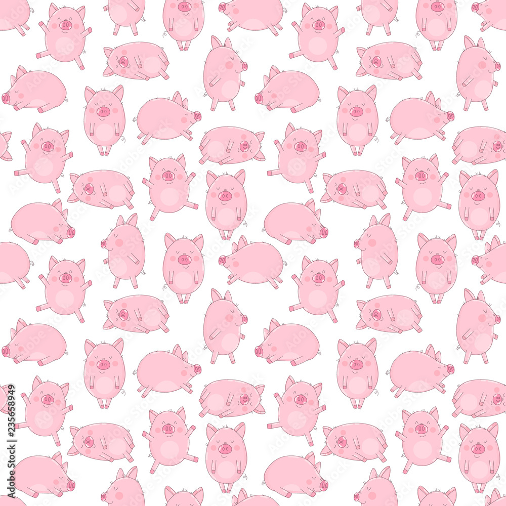 Seamless pattern of hand-drawn funny pigs on a transparent background. Vector illustration of piglets for New Year, prints, wrapping paper, children, clothes, decor, farm, food. Seamless pattern of hand-drawn funny pigs on a transparent background. Vector illustration of piglets for New Year, prints, wrapping paper, children, clothes, decor, farm, food.