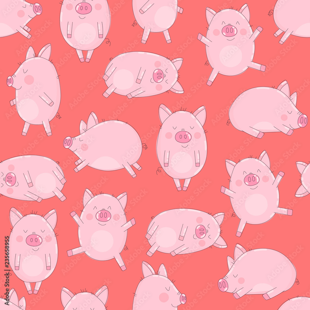 Seamless pattern of cute pigs on an isolated red background. Vector illustration of piglets for New Year, prints, wrapping paper, cards, children, clothes, decor, farm, food.