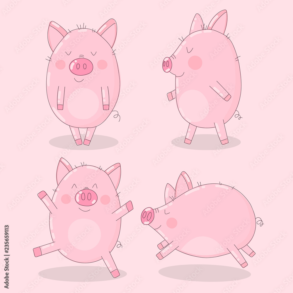 Collection of cute pigs on a pink background. Vector illustration for New Year, Christmas, prints, invitation, flyers, cards, children, clothing, decor, banners.