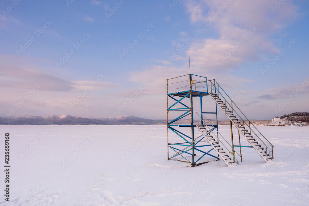 Lifeguard Tower in South Ural, Lake Turgoyak, Winter in Russia. Lifeguard Tower in South Ural, Lake Turgoyak, Winter in Russia.