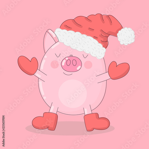 Vector illustration of a funny pig in winter clothes on a pink background. Image for New Year, Christmas, prints, invitations, flyers, cards, children, clothes