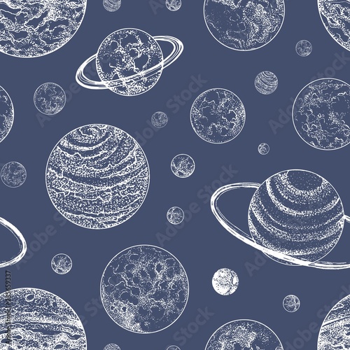 Monochrome seamless pattern with planets and other planetary bodies in outer space. Backdrop with celestial objects drawn in retro dotwork style. Vector illustration for wallpaper, wrapping paper.