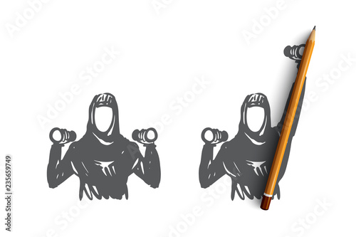 Fitness, training, sport, hijab, women concept. Hand drawn isolated vector.
