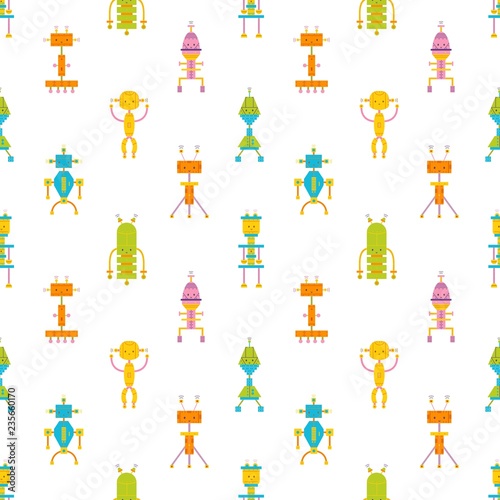 Childish seamless pattern with cute smiling robots on white background