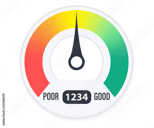 Credit Score Gauge. flat colorful financial history assessment of credit score meter. level finance measurement progression illustration