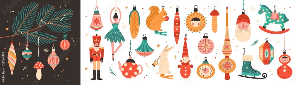 Collection of beautiful baubles and decorations for Christmas tree. Set of holiday ornaments. Figures of animals, Santa Claus, nutcracker, ballerina. Colored vector illustration in flat cartoon style. - obrazy, fototapety, plakaty 