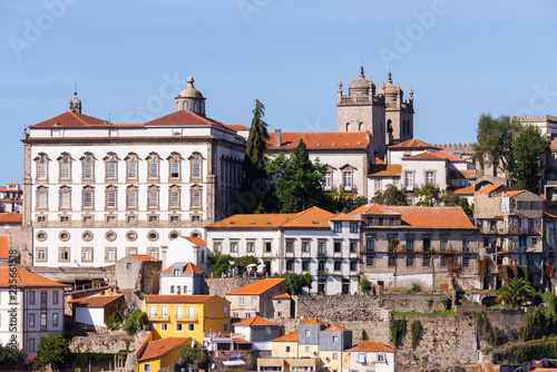 Porto, Portugal old town ribeira aerial promenade view with colorful houses