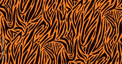 Natural seamless pattern with orange zebra or tiger coat of fur texture. Bright colored animal backdrop with stripes. Vector illustration in flat style for wrapping paper, textile print, wallpaper.