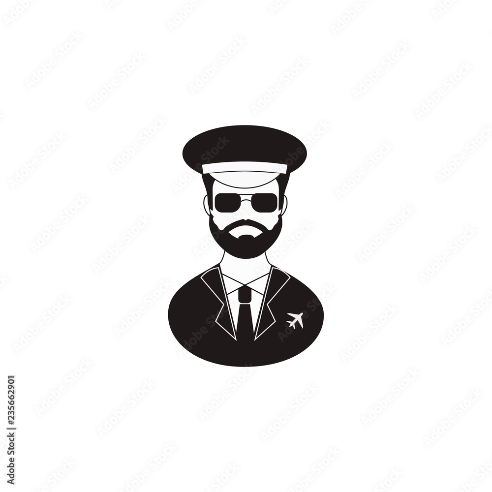 Pilot black icon silhouette. Vector illustration isolated on white background. Flat design style.