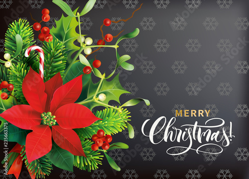 Christmas greeting card with red poinsettia and holly branches bouquet. Vector illustration.