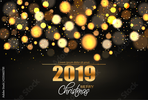 Merry Christmas shiny golden lights Vector background. Holiday card illustrat...