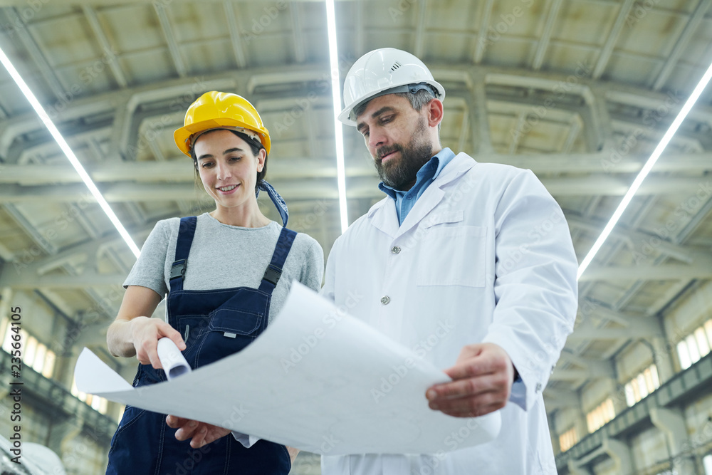 Low angle portrait of female factory worker discussing work with mature engineer holding plans Low angle portrait of female factory worker discussing work with mature engineer holding plans