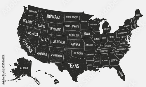 USA poster map with state names. United States of America map with grunge texture. American background. Vintage style. Vector illustration