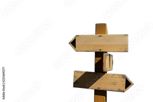 Wooden blank signpost with three directions over white background with copyspace on the left side