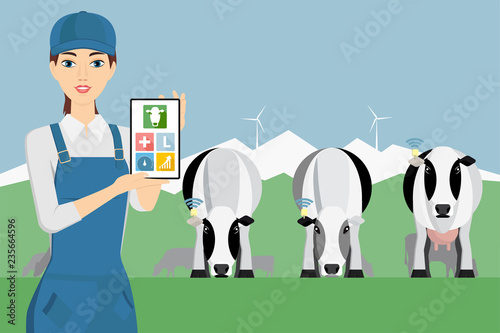 Farmer with digital tablet on a cattle grazing. Internet of things in cattle breeding. Vector illustration