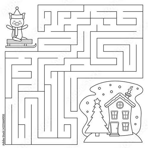 Coloring page for preschool kids. Maze game. Help the pig find right way to the house. Christmas game. Vector illustration.