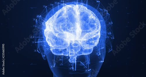 3D zoom render of a holographic digital style human brain conveying the idea of artificial intelligence, bio hacking and the fusion of nature and technology photo