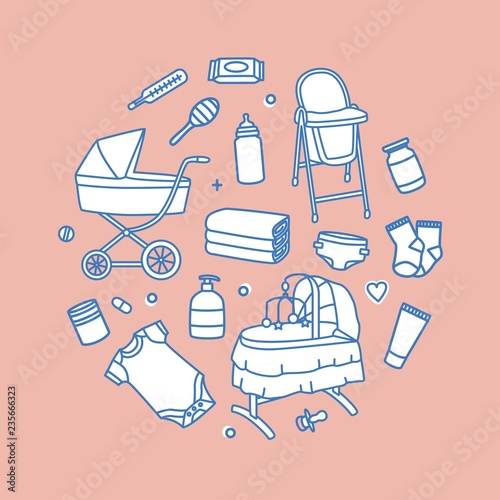Bundle of infant baby care and feeding products drawn with contour lines on pink background. Set of tools for newborn child. Collection of nursery supplies. Vector illustration in modern linear style.