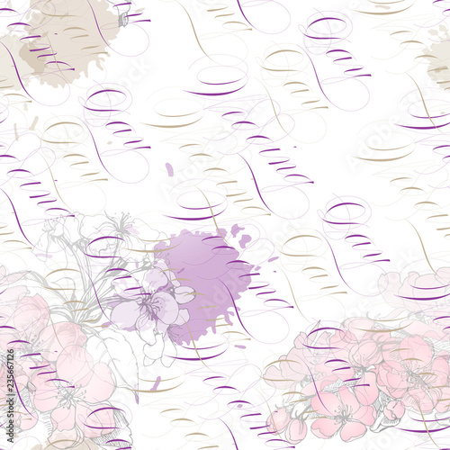 Seamless background ink stains, Apple blossoms and calligraphic lettering wedding day seamless vector pattern on white. Move brush vertical stripe pattern for textile fabric garments.