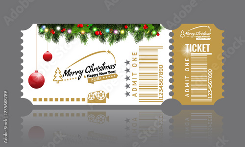 Christmas or New Year party ticket card design template. Vector Illustraton. White and golden color.