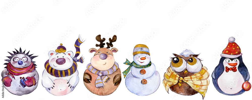 Obraz premium Set of Christmas characters (snowman, reindeer, polar bear, owl, hedgehog, penguin) isolated on white background. Watercolor painting. Hand painted.