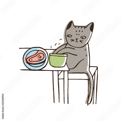 Adorable cat stealing food from plate lying on table and eating it. Funny naughty kitty isolated on white background. Problematic behavior of domestic animal. Colorful hand drawn vector illustration.
