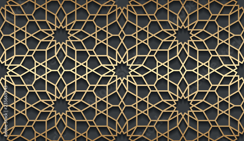 Vector islamic golden horizontal background. Seamless oriental volumetric pattern with shadow.