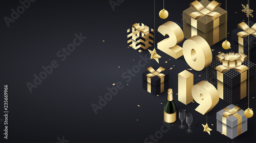Happy New Year 2019 background with gold 3d gifts and Champagne.
