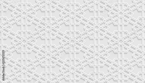 Vector white islamic horizontal background. Seamless oriental volumetric pattern with shadow.
