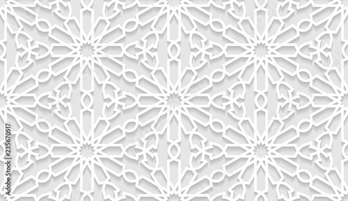 Vector white islamic horizontal background. Seamless oriental volumetric pattern with shadow.