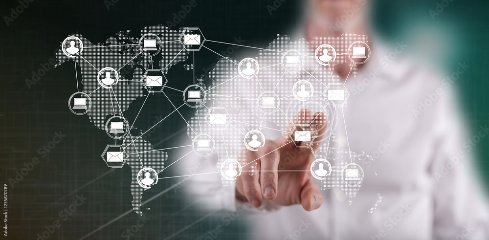 Man touching a global network technology concept Man touching a global network technology concept
