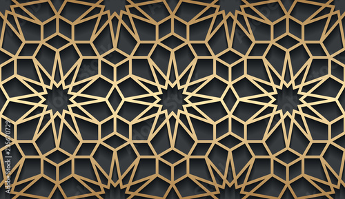Vector islamic golden horizontal background. Seamless oriental volumetric pattern with shadow.