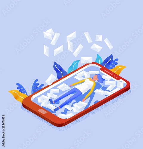 Female internet user lying on screen of giant mobile phone and letters in envelopes falling on her. Spam, unwanted or unsolicited messages. Colorful vector illustration in modern isometric style.