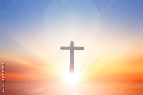 Worship and praise God concept：cross on blurry background