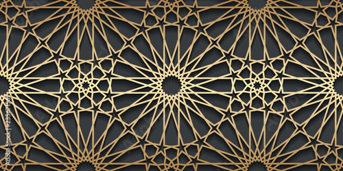 Vector islamic golden horizontal background. Seamless oriental volumetric pattern with shadow.