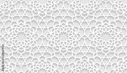 Vector seamless oriental pattern. White islamic volumetric pattern with shadow.