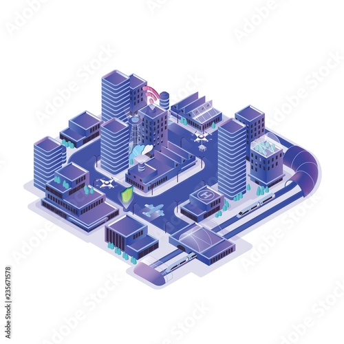 Smart city model isolated on white background. Urban area with electronically managing traffic, energy consumption, water supply, community services. Colorful vector illustration in isometric style.