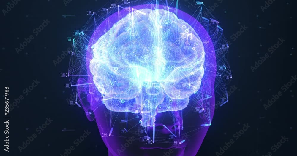 3D zoom render of a holographic digital style human brain conveying the idea of artificial intelligence, bio hacking and the fusion of nature and technology