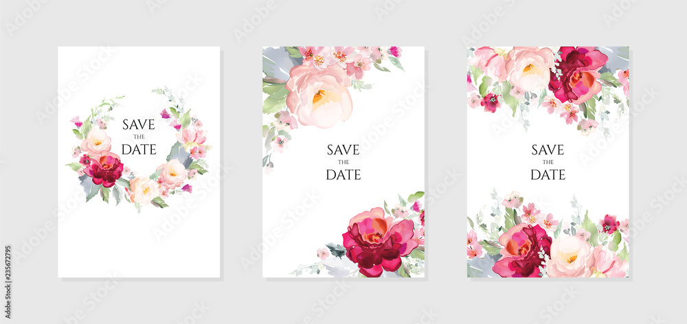 Set of vector floral elements and flowers in watercolor style for cards and wedding invitations.