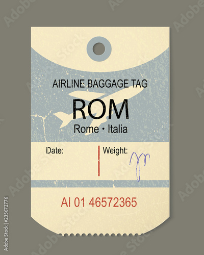 Vintage luggage tag, vintage retro travel Rome italia, country label.