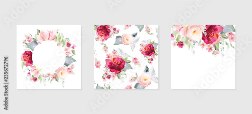 Set of vector floral elements and flowers in watercolor style for cards and wedding invitations.