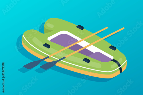 Rubber boat with oars. Water transport, fishing boat, travel, hobbies.