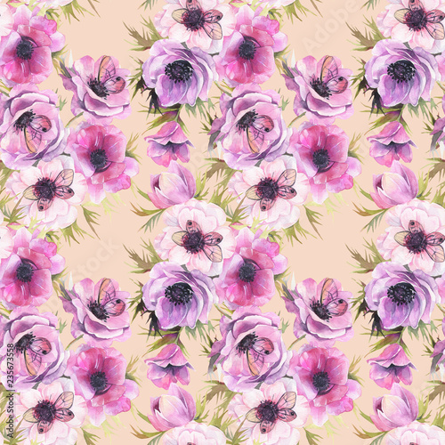 Watercolor seamless pattern with anemones and butterflies. Romantic botanical wallpaper.