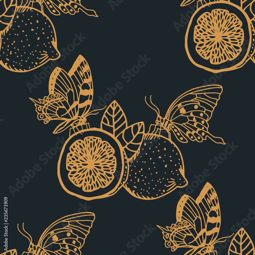 lemon tropical fruits butterfly seamless pattern
